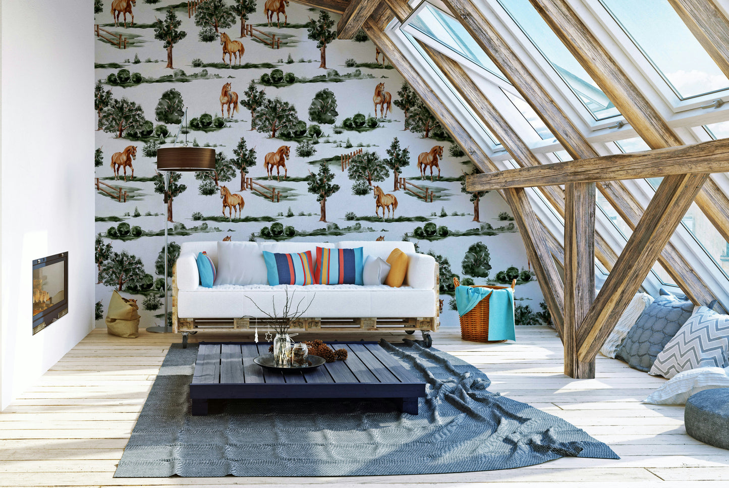 British countryside horses grazing among trees and fences Wallpaper⁠