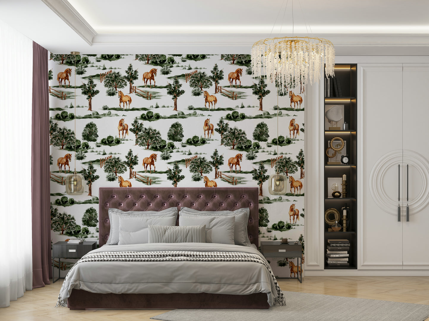 British countryside horses grazing among trees and fences Wallpaper⁠