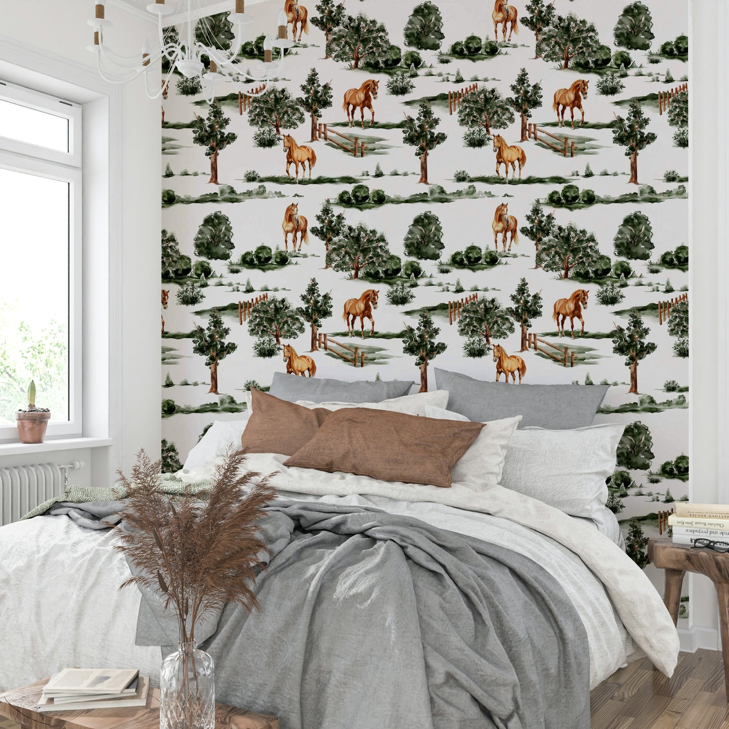 British countryside horses grazing among trees and fences Wallpaper⁠