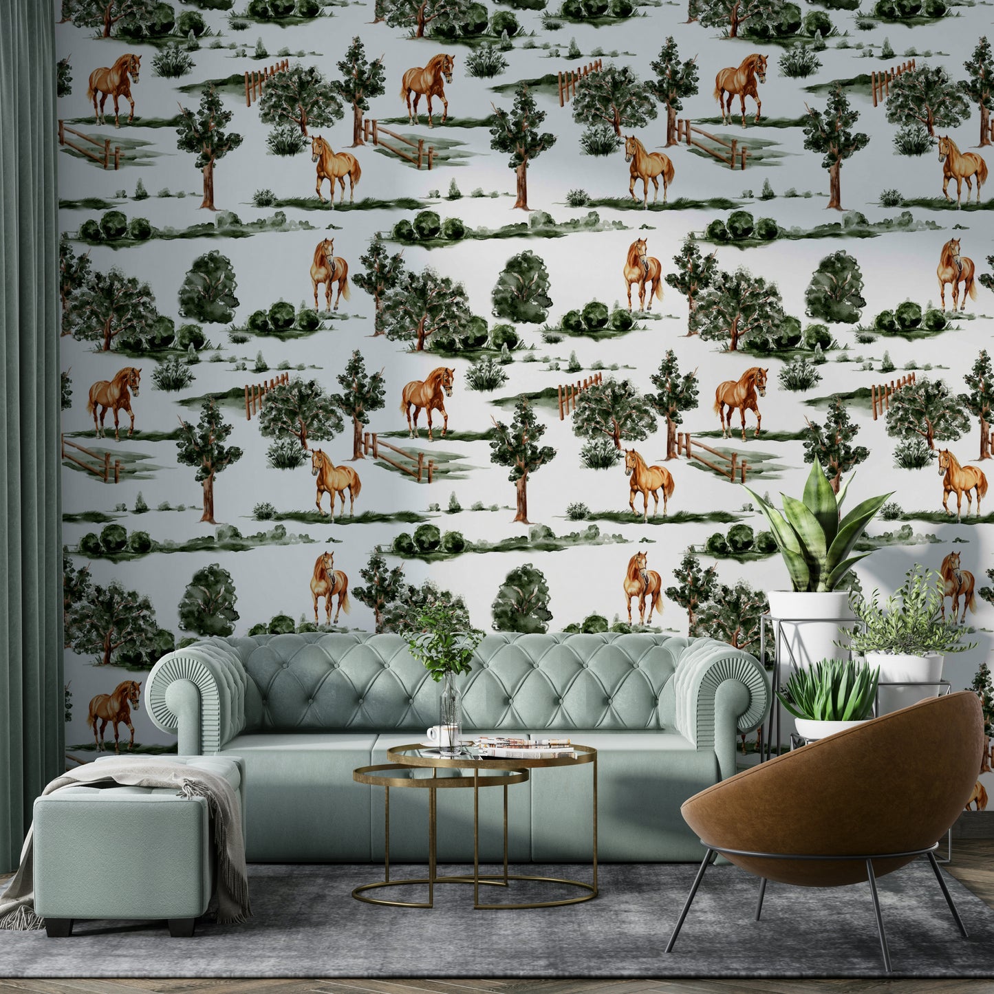 British countryside horses grazing among trees and fences Wallpaper⁠