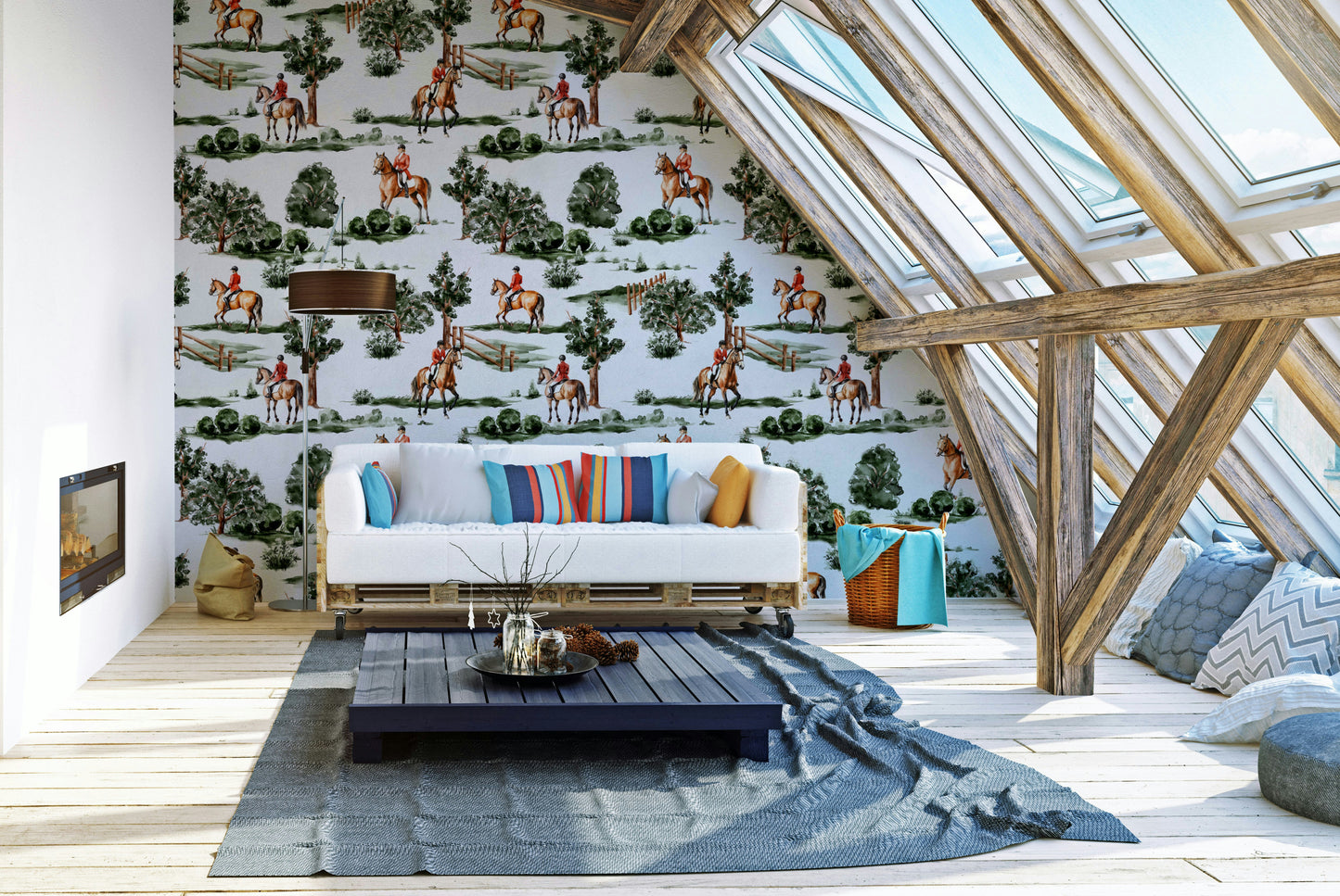 British hunting riders on horseback in lush countryside Wallpaper⁠