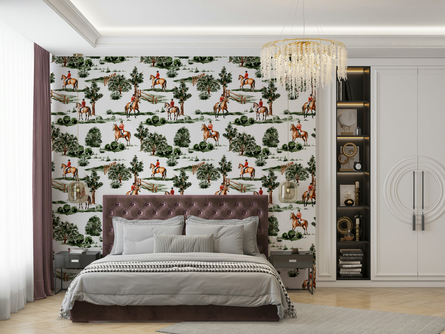 British hunting riders on horseback in lush countryside Wallpaper⁠