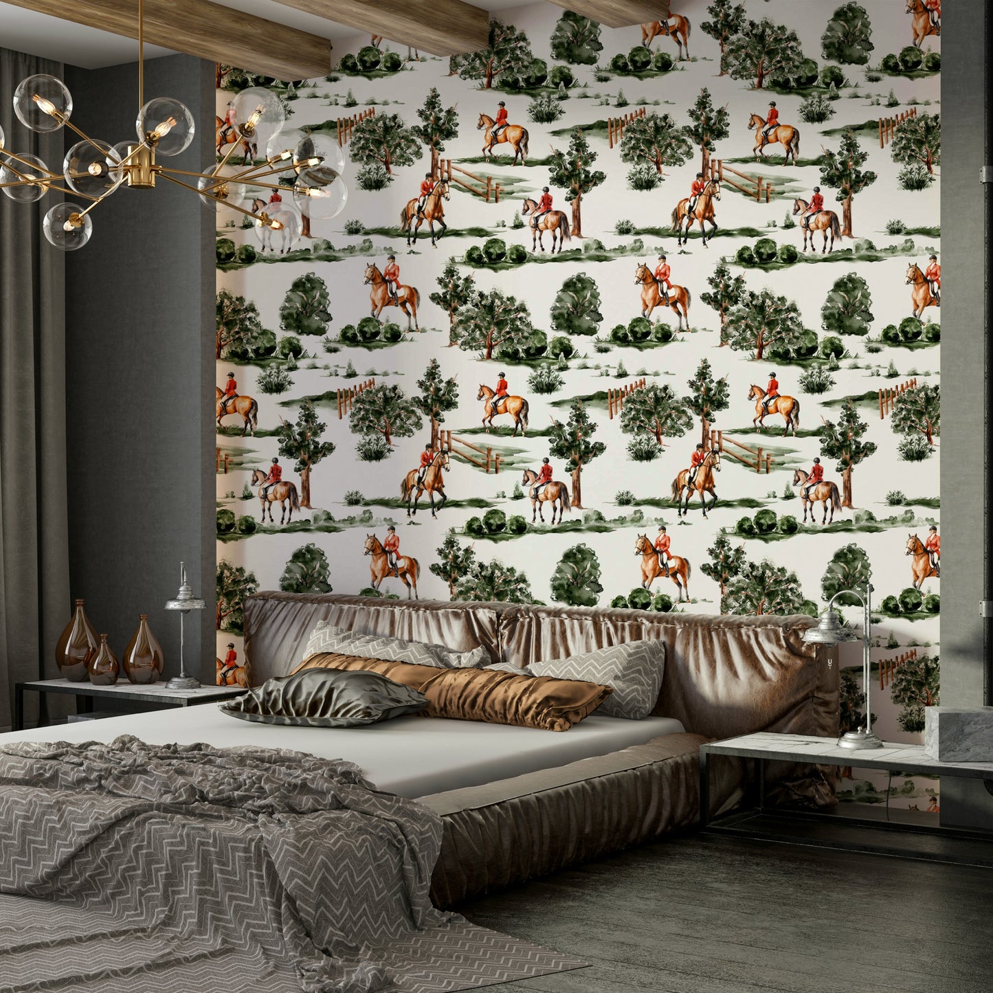 British hunting riders on horseback in lush countryside Wallpaper⁠