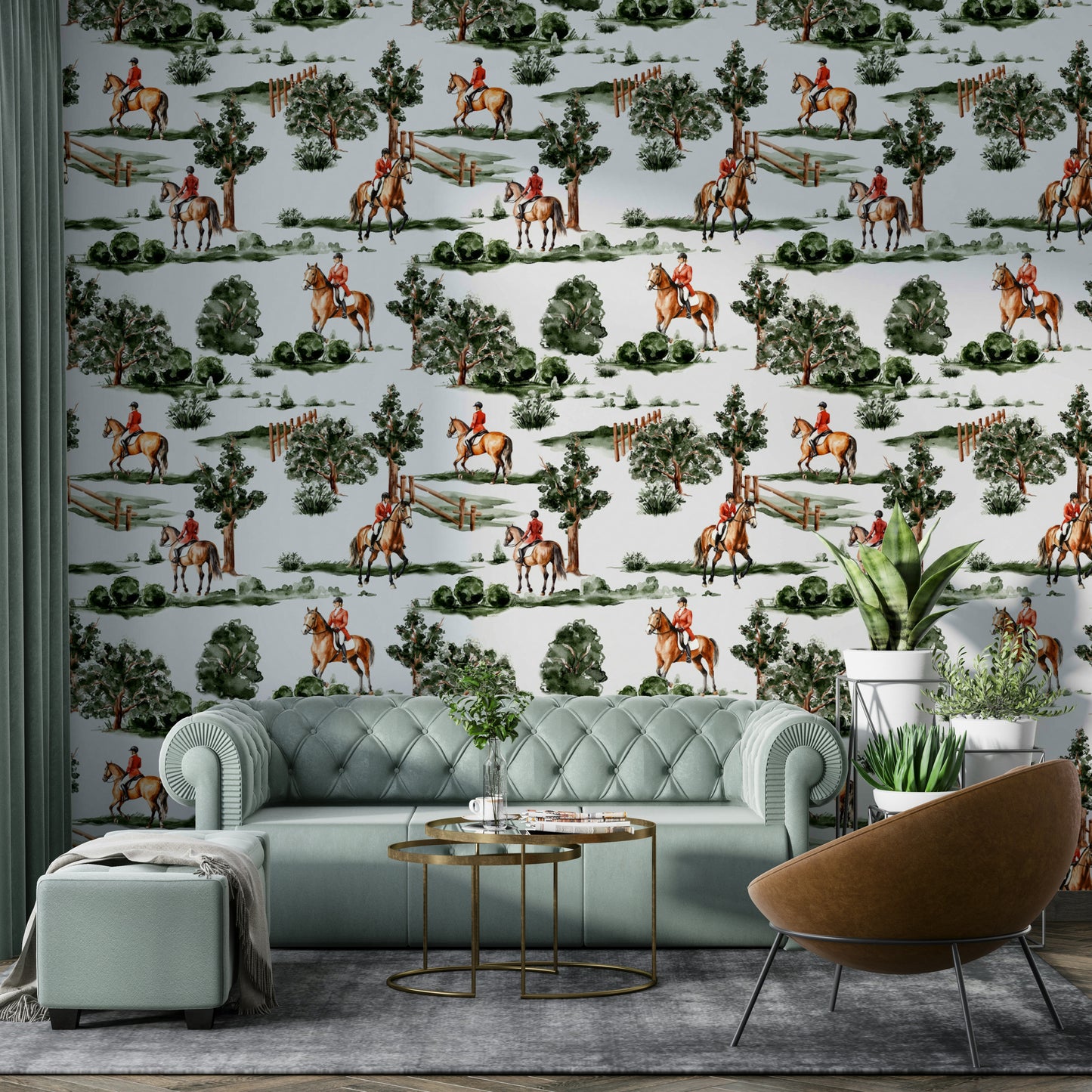 British hunting riders on horseback in lush countryside Wallpaper⁠