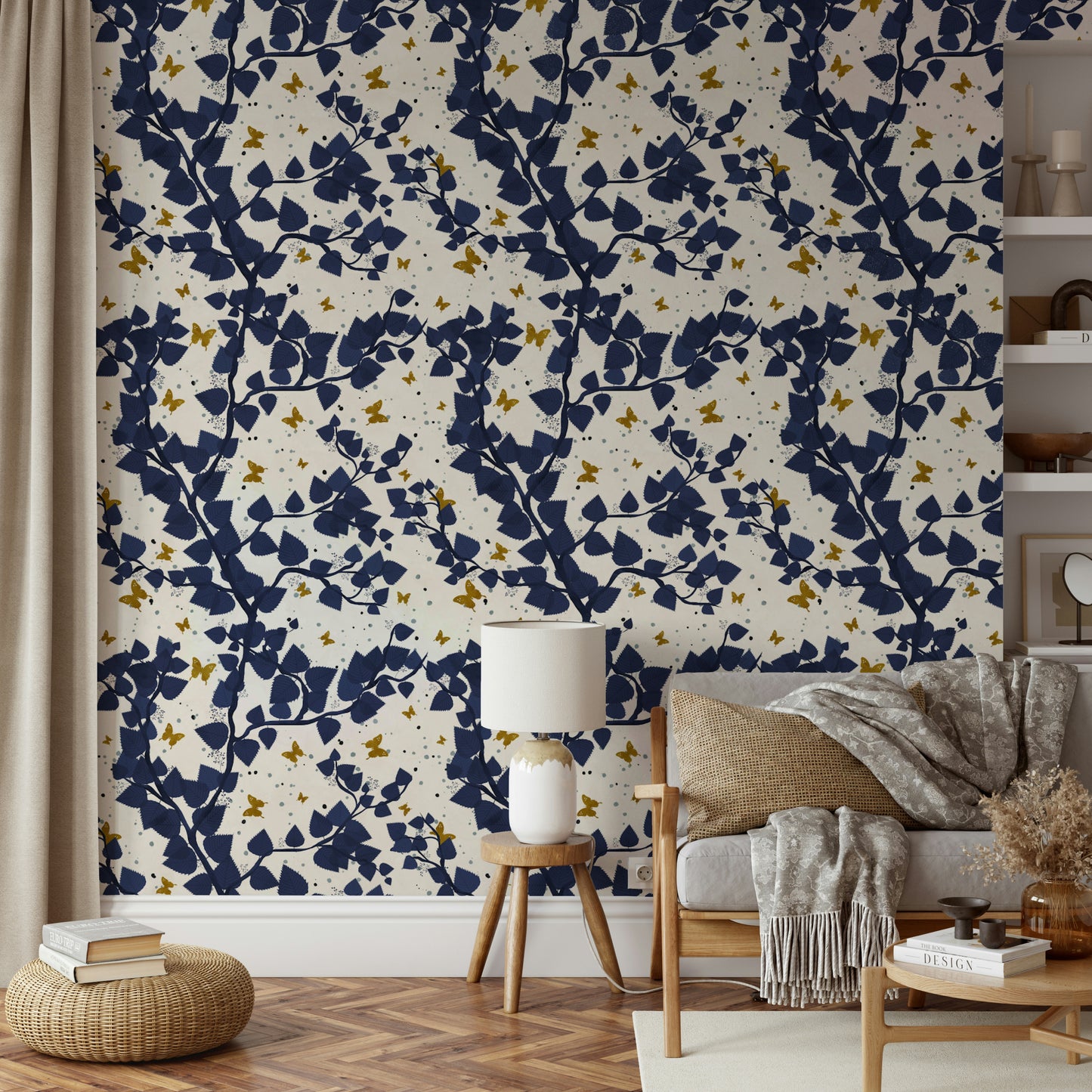 Gold and Deep Blue Butterflies Tree Wallpaper⁠