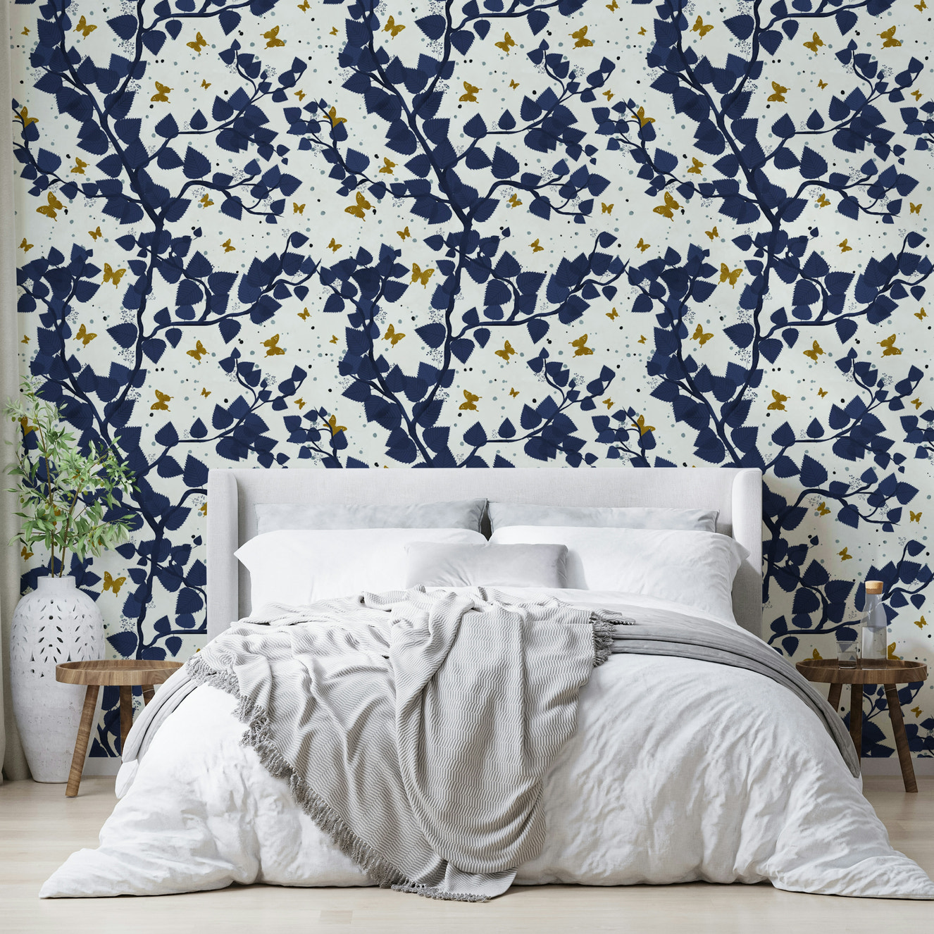 Gold and Deep Blue Butterflies Tree Wallpaper⁠