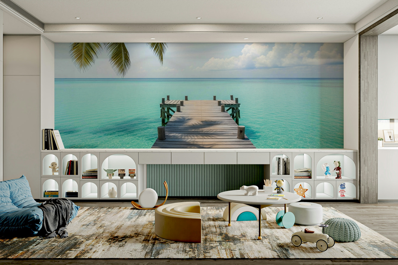 Tropical Pier Serenity Wall Mural in a living room

