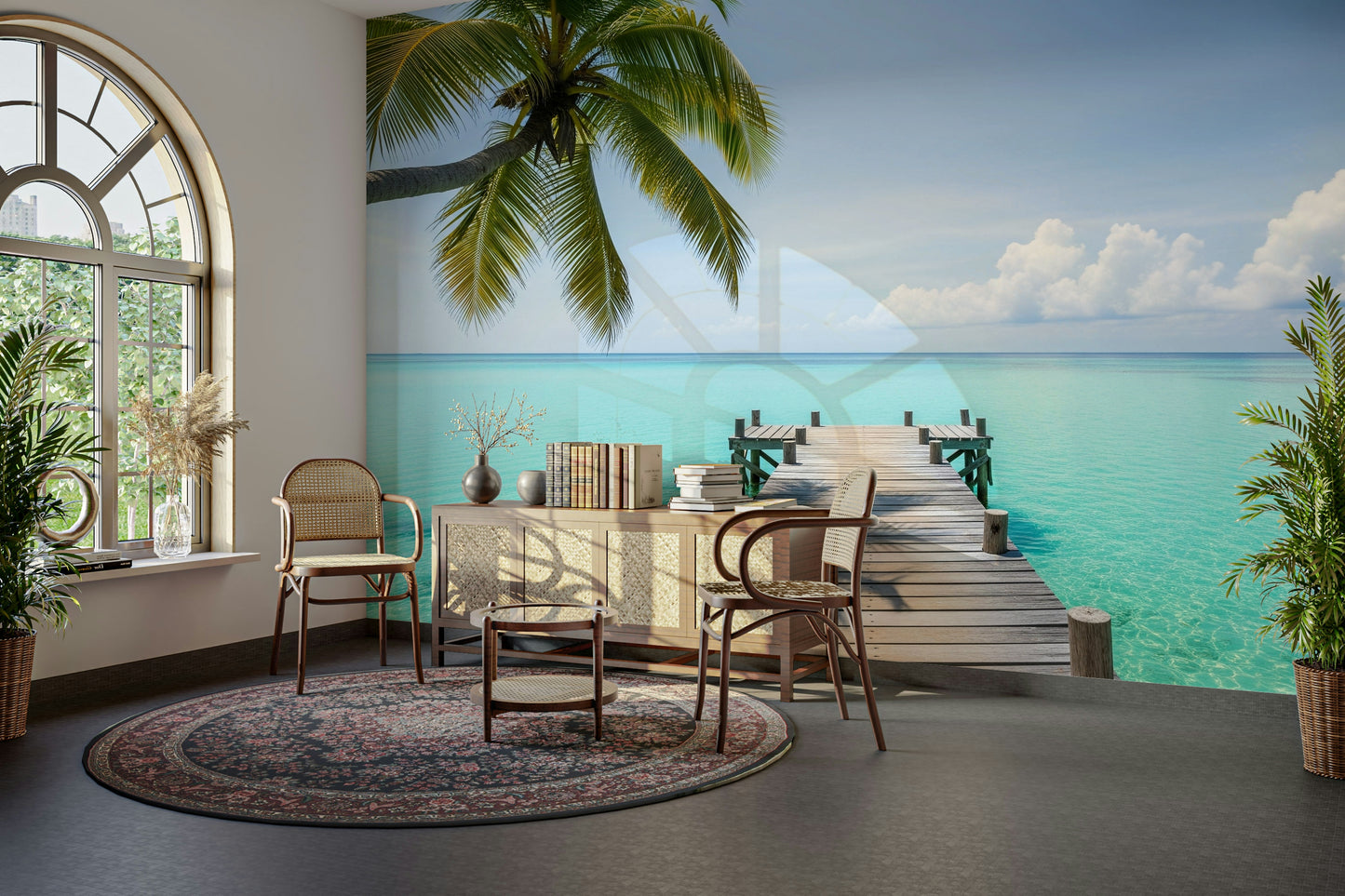 Wallpaper with a serene, beach-themed design

