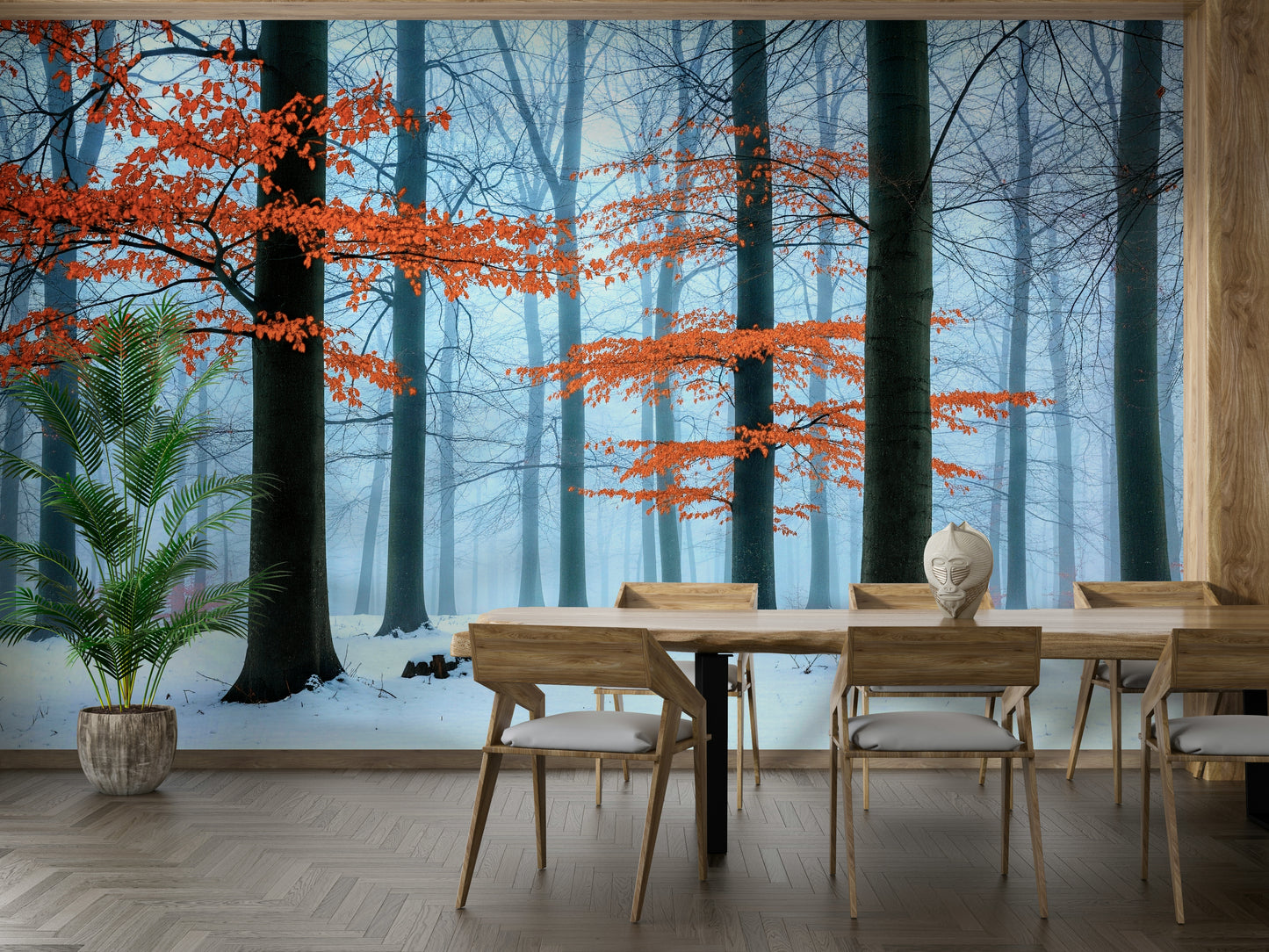 An angled shot of a wall with beautiful autumn wallpaper

