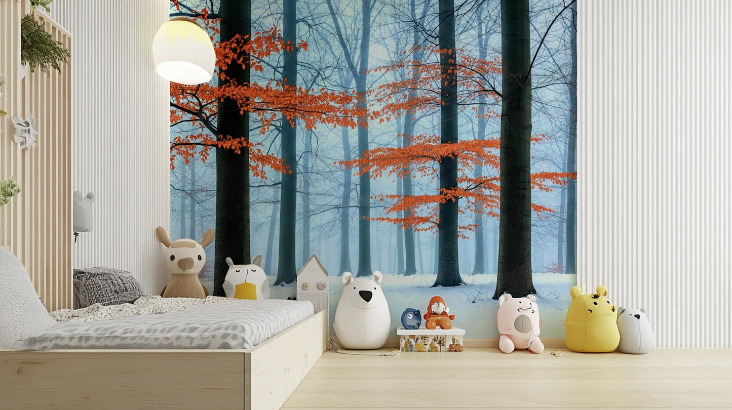 A bedroom decorated with a peaceful forest mural

