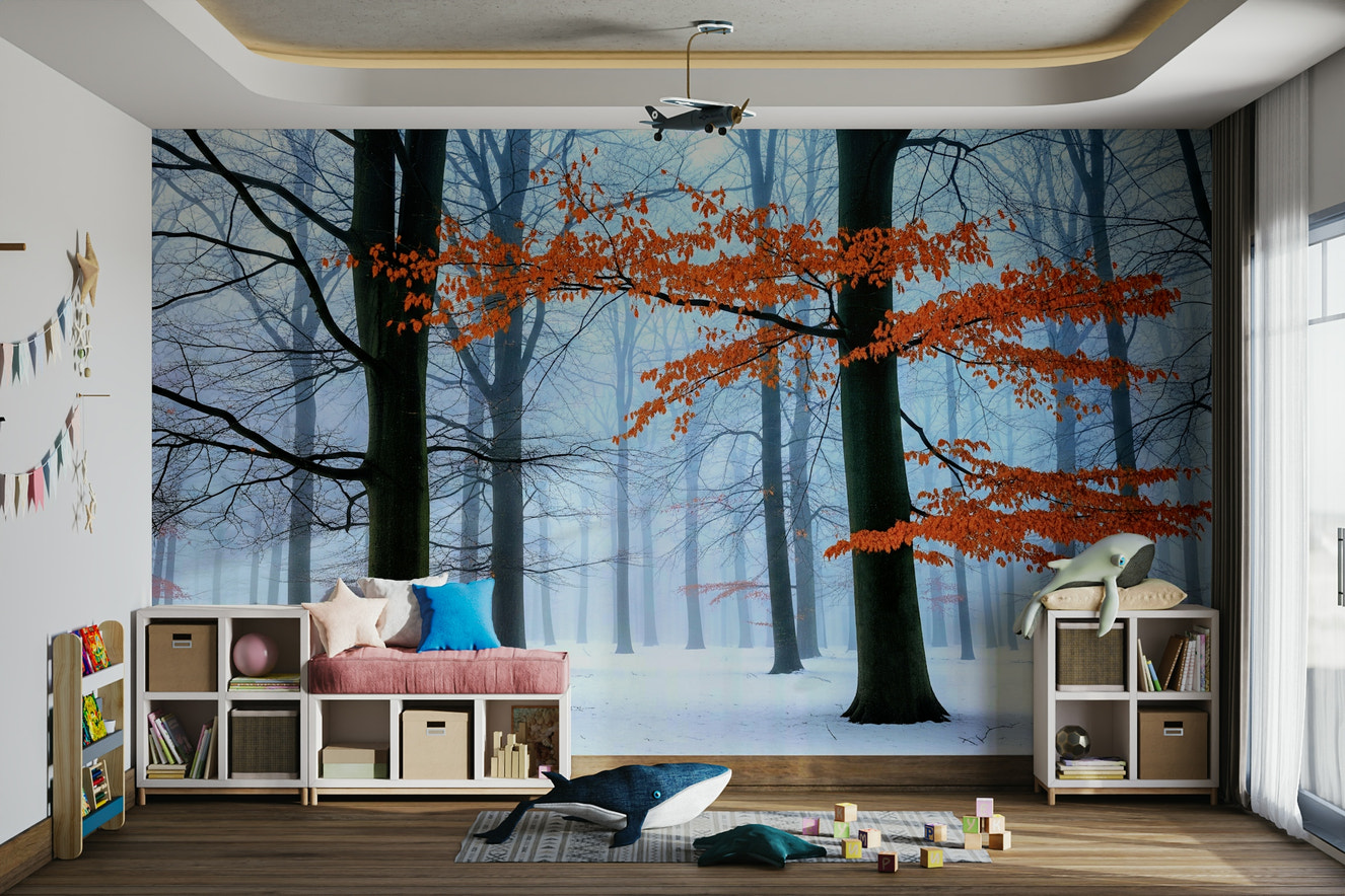 Frozen Forest Ember Wall Mural in a living room

