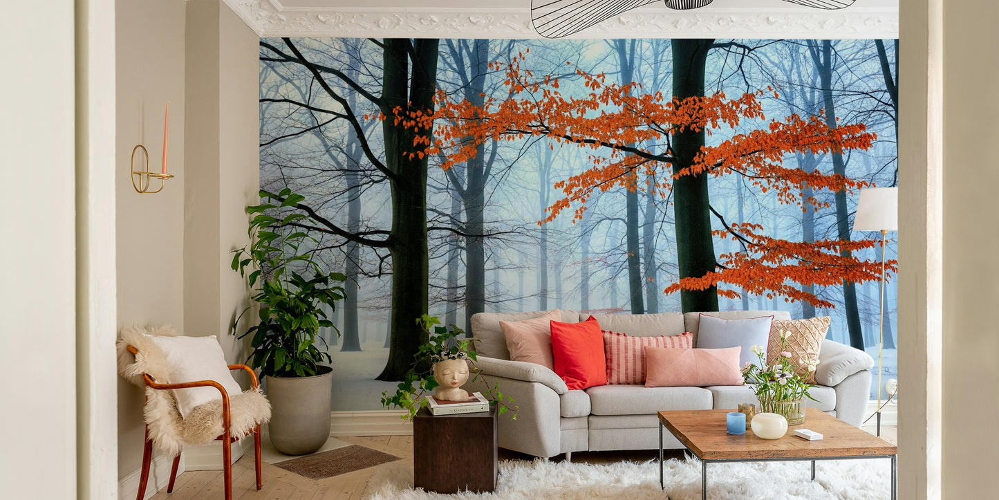 An angled shot of a wall with abstract, artistic wallpaper

