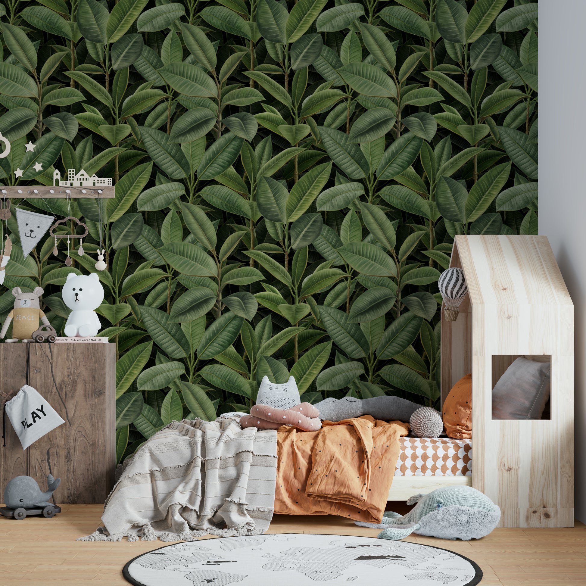 Close-up of a dense rubber tree leaf pattern

