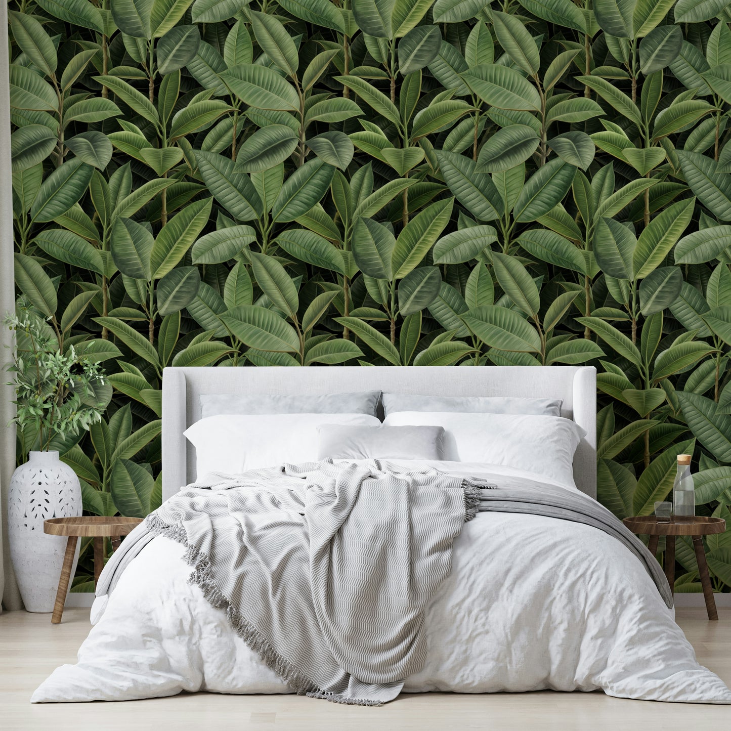 Lush Green Rubber Tree Jungle Pattern Wallpaper on a wall

