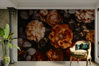 A dining area with a unique autumn floral design


