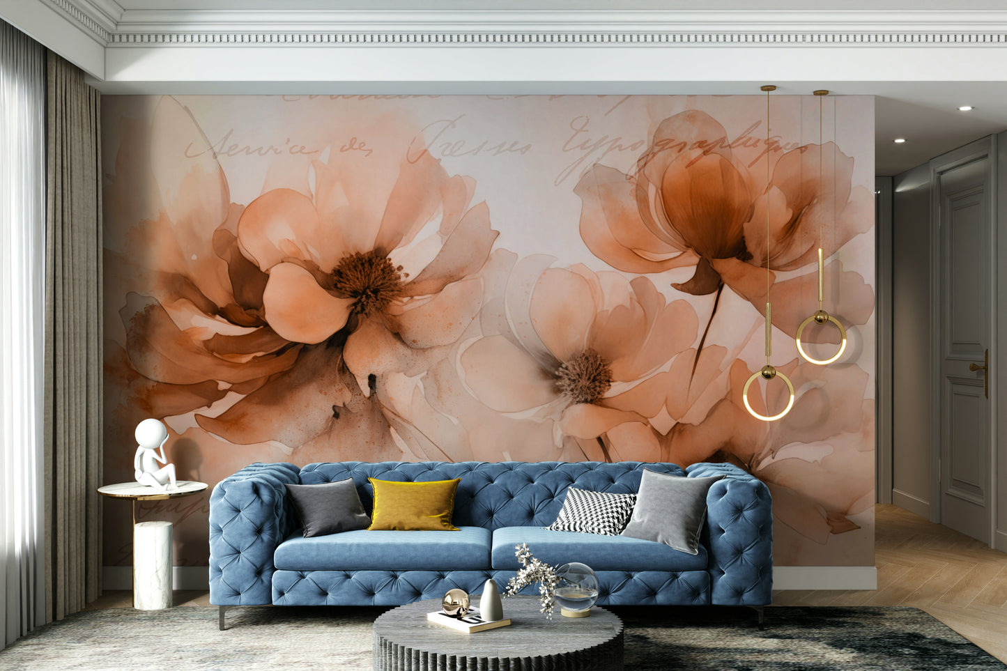 A living room decorated with a pastel floral mural

