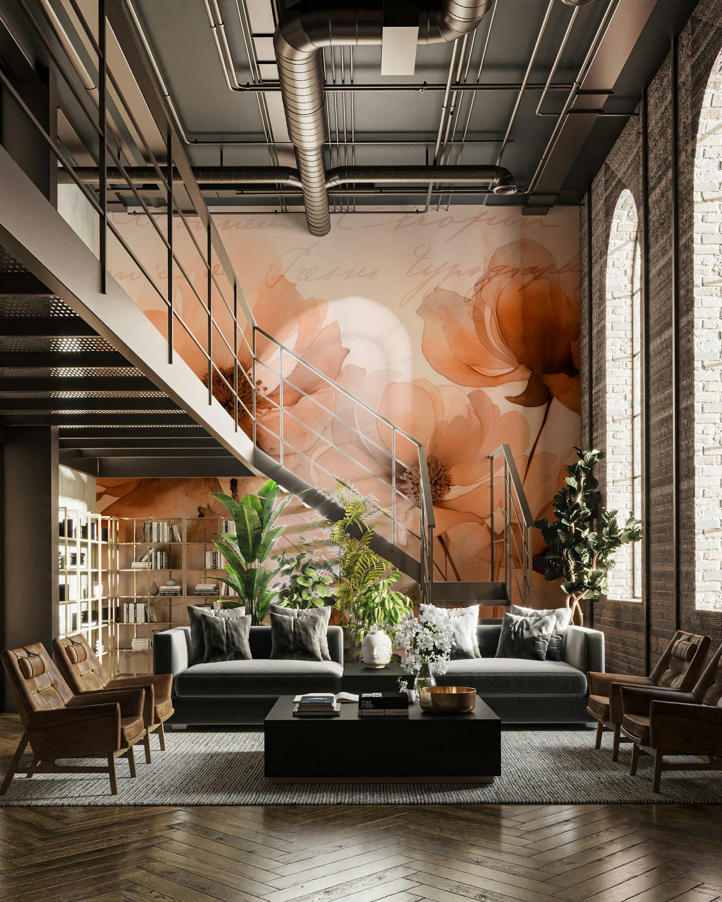 An angled shot of a wall with beautiful blossom wallpaper

