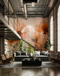 An angled shot of a wall with beautiful blossom wallpaper

