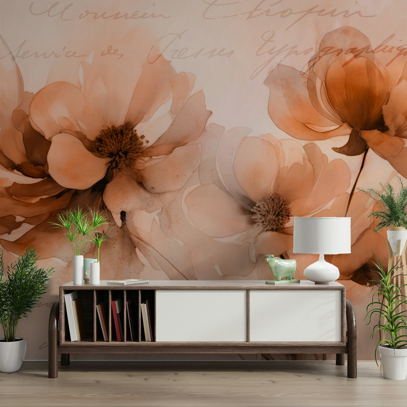 Vintage Blossom Memories Pastel Peach Wall Mural on a bedroom wall

