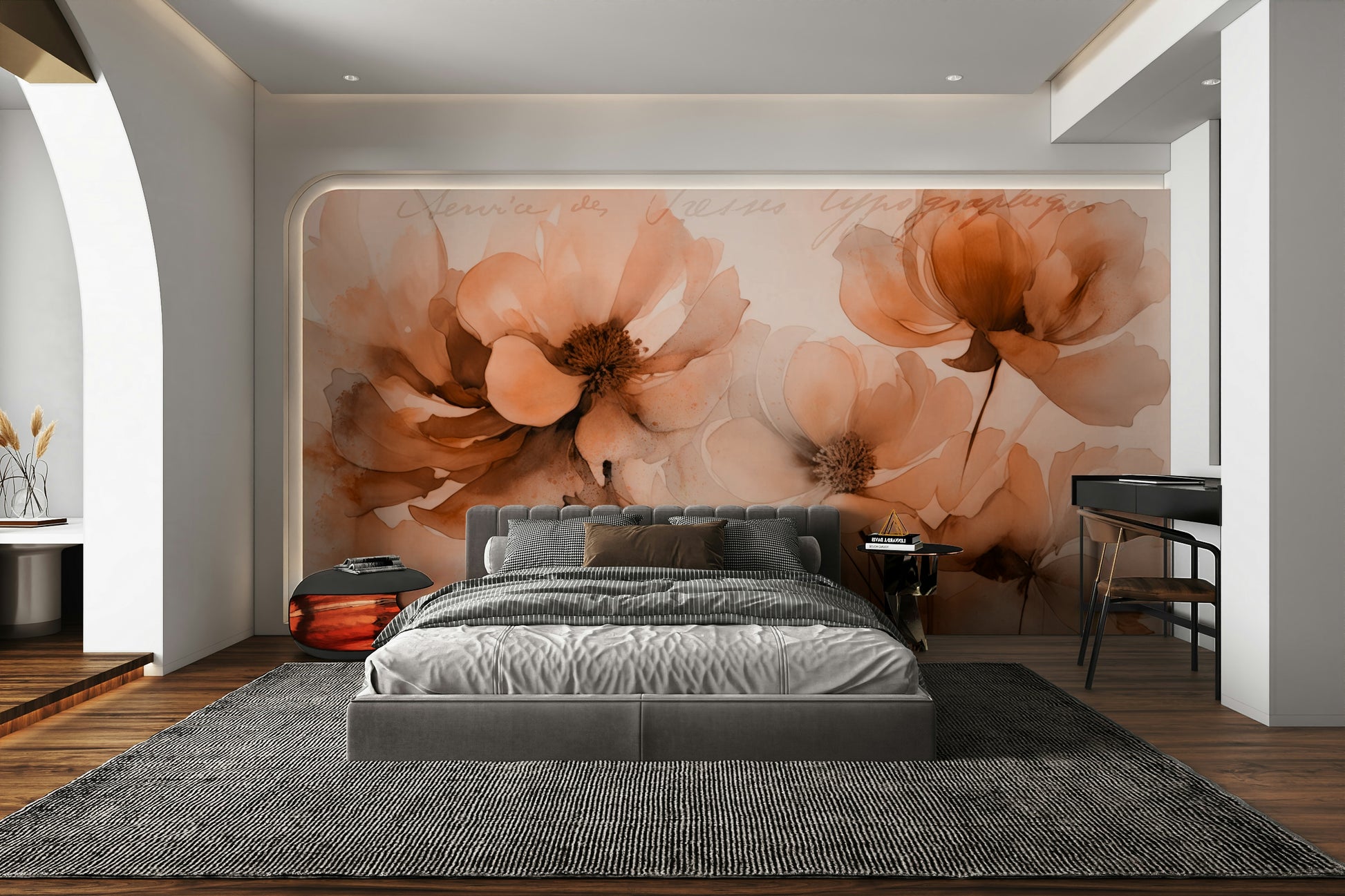 A seamless pattern of flowers and leaves on a wall

