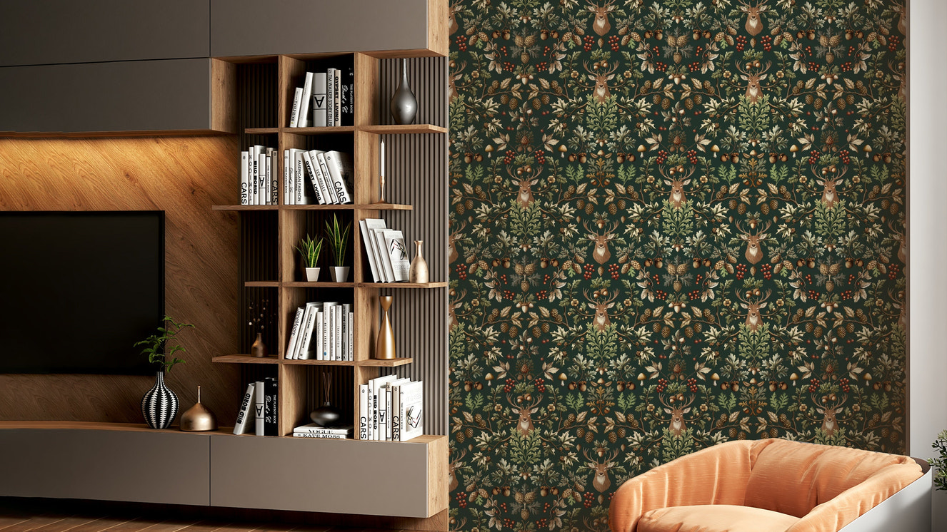 William Morris Vintage Woodland Emerald Green Wallpaper on a wall

