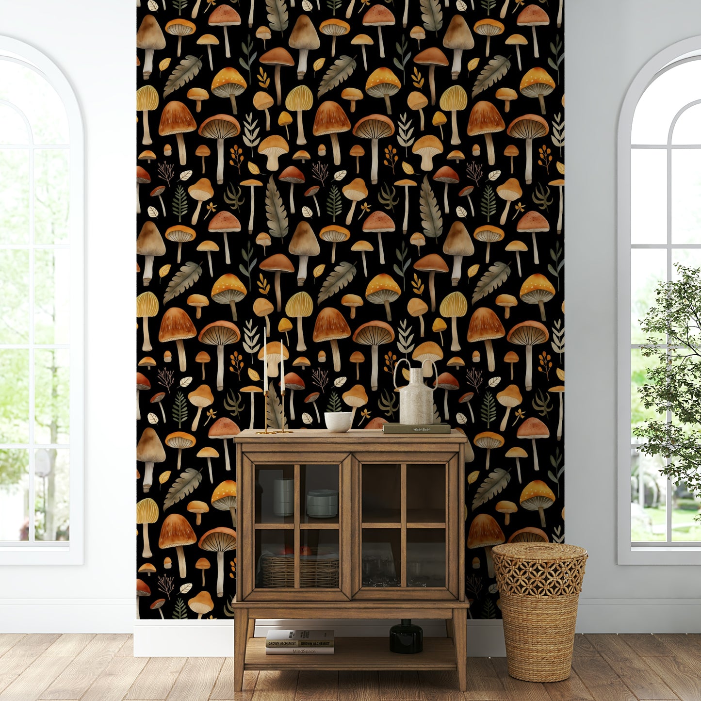 Close-up of a whimsical mushroom and leaf pattern

