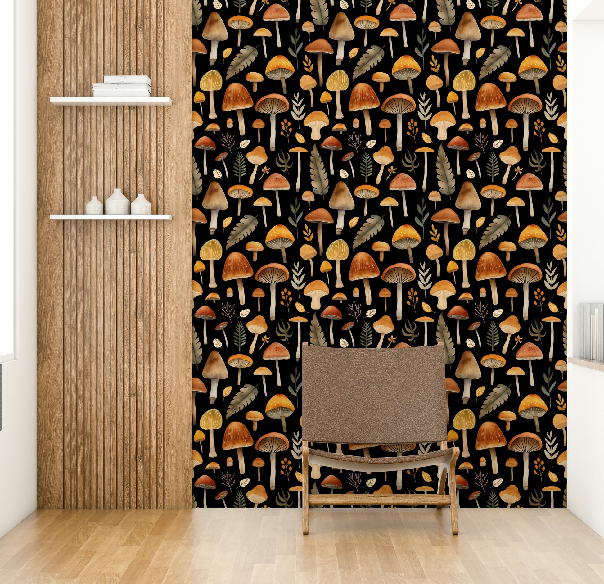 Autumn Mushroom Forest Whimsy Watercolor Pattern Black Wallpaper on a wall


