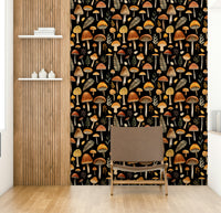Autumn Mushroom Forest Whimsy Watercolor Pattern Black Wallpaper on a wall


