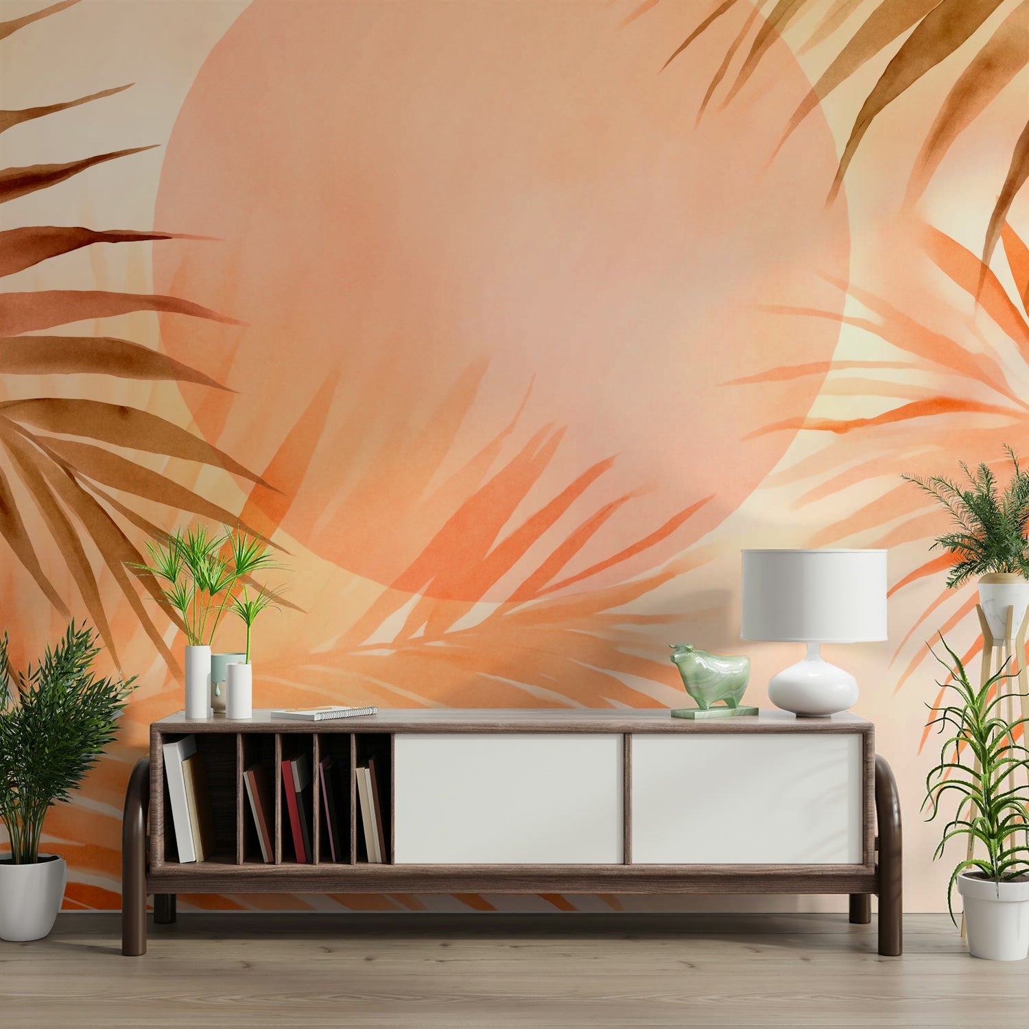Tropical Palm Grove Peach Sunrise wall mural on a living room wall


