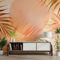 Tropical Palm Grove Peach Sunrise wall mural on a living room wall


