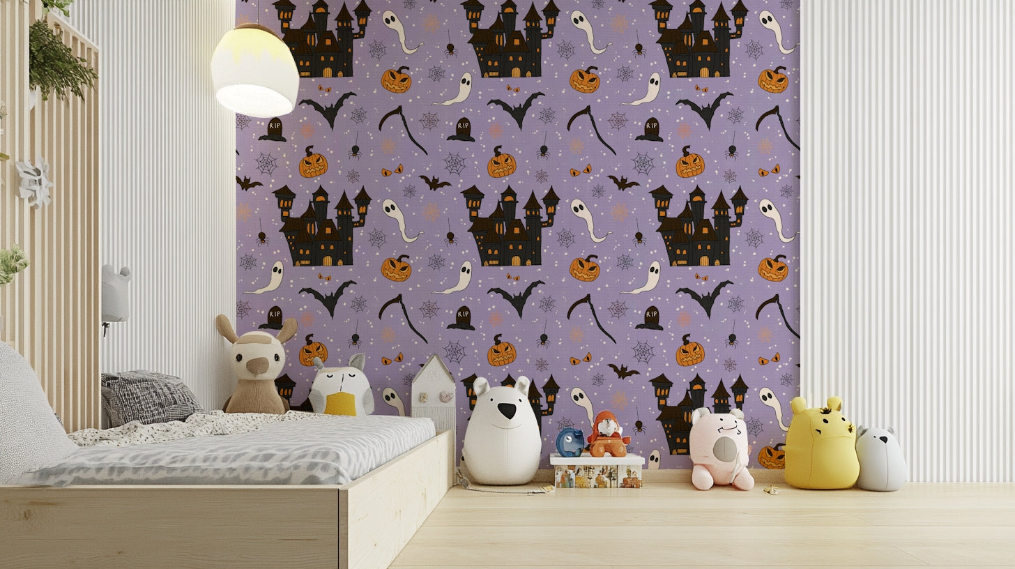 Phantom Castle Foggy Lavender eerie wallpaper for walls