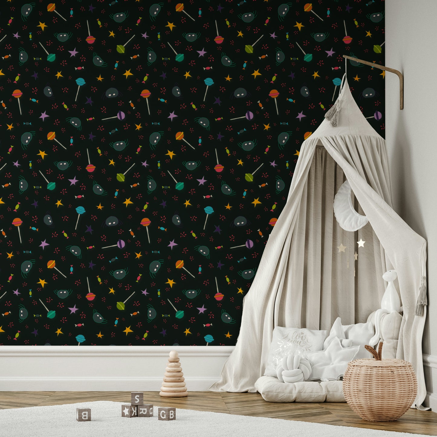 Wallpaper with a dark background and colorful cosmic design

