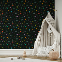 Wallpaper with a dark background and colorful cosmic design

