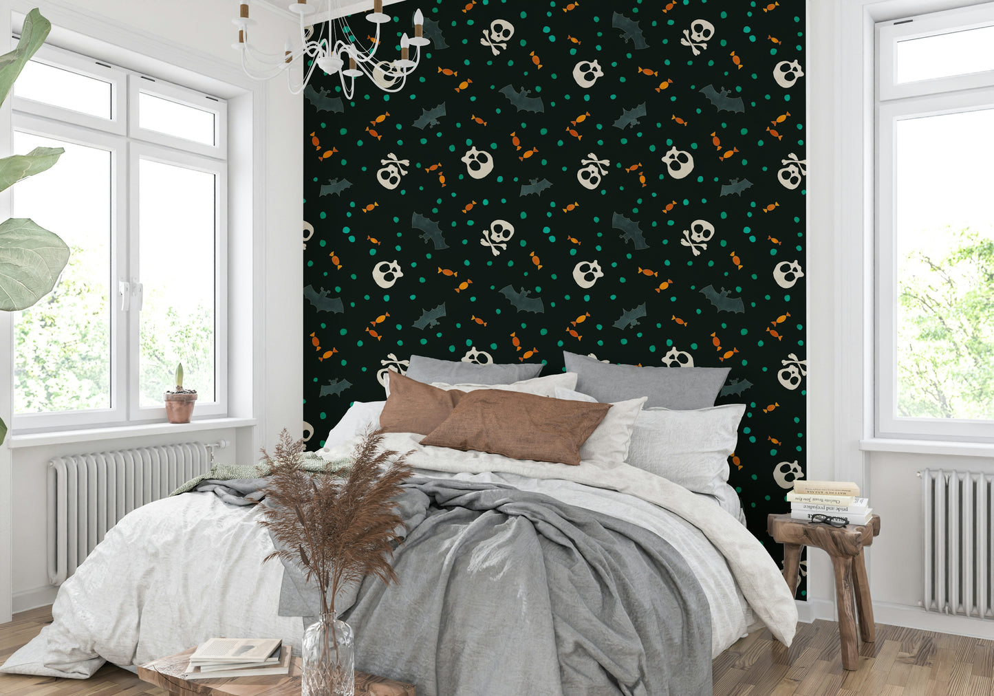A bedroom with a Treat Party design Wallpaper 

