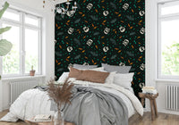 A bedroom with a Treat Party design Wallpaper 

