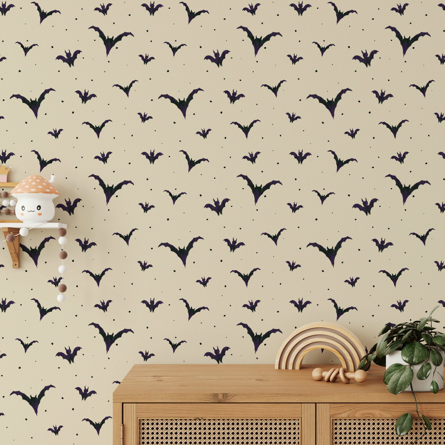 An angled shot of a wall with bat wallpaper

