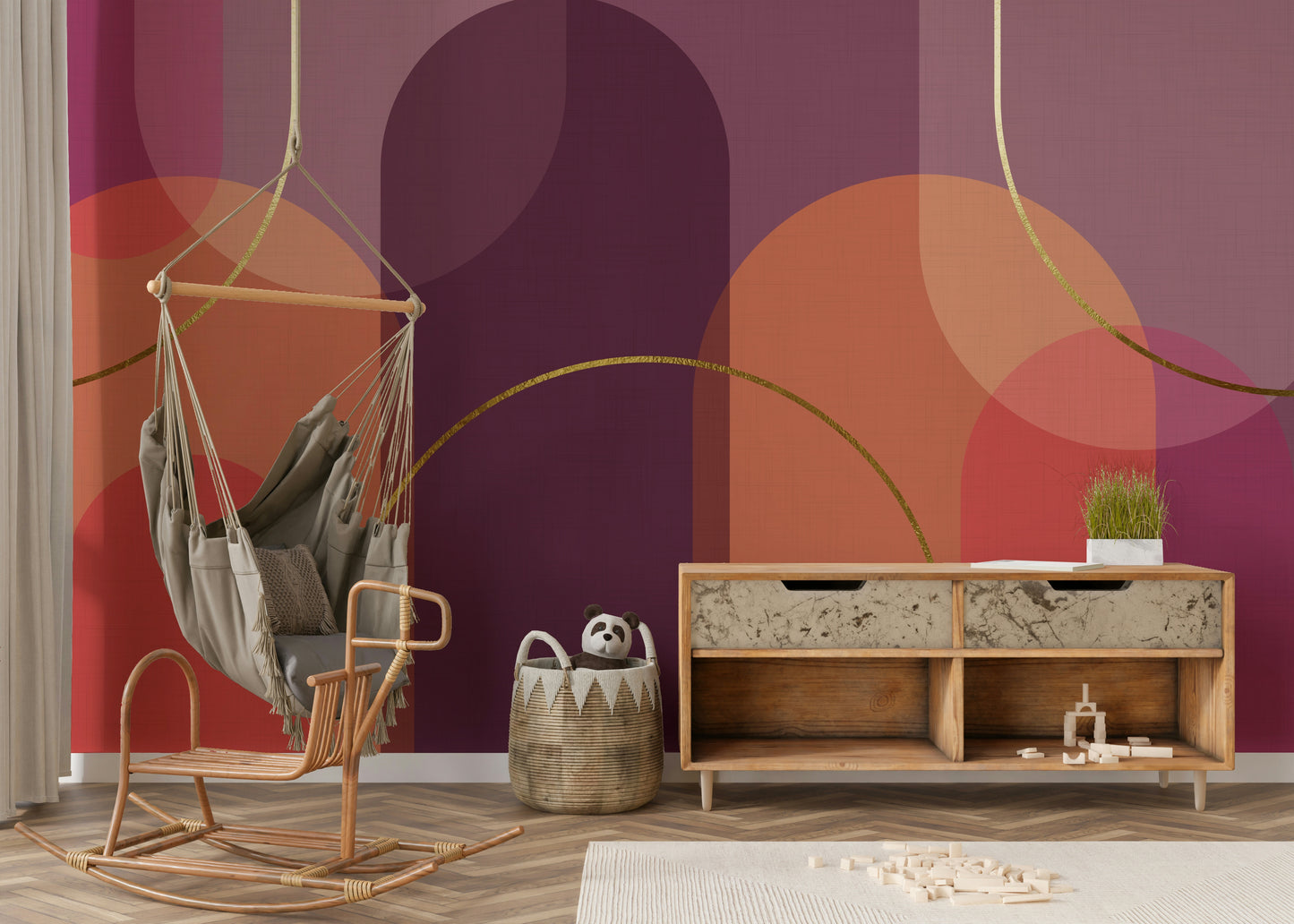 Retro Sunset Curves Wall Mural in a living room

