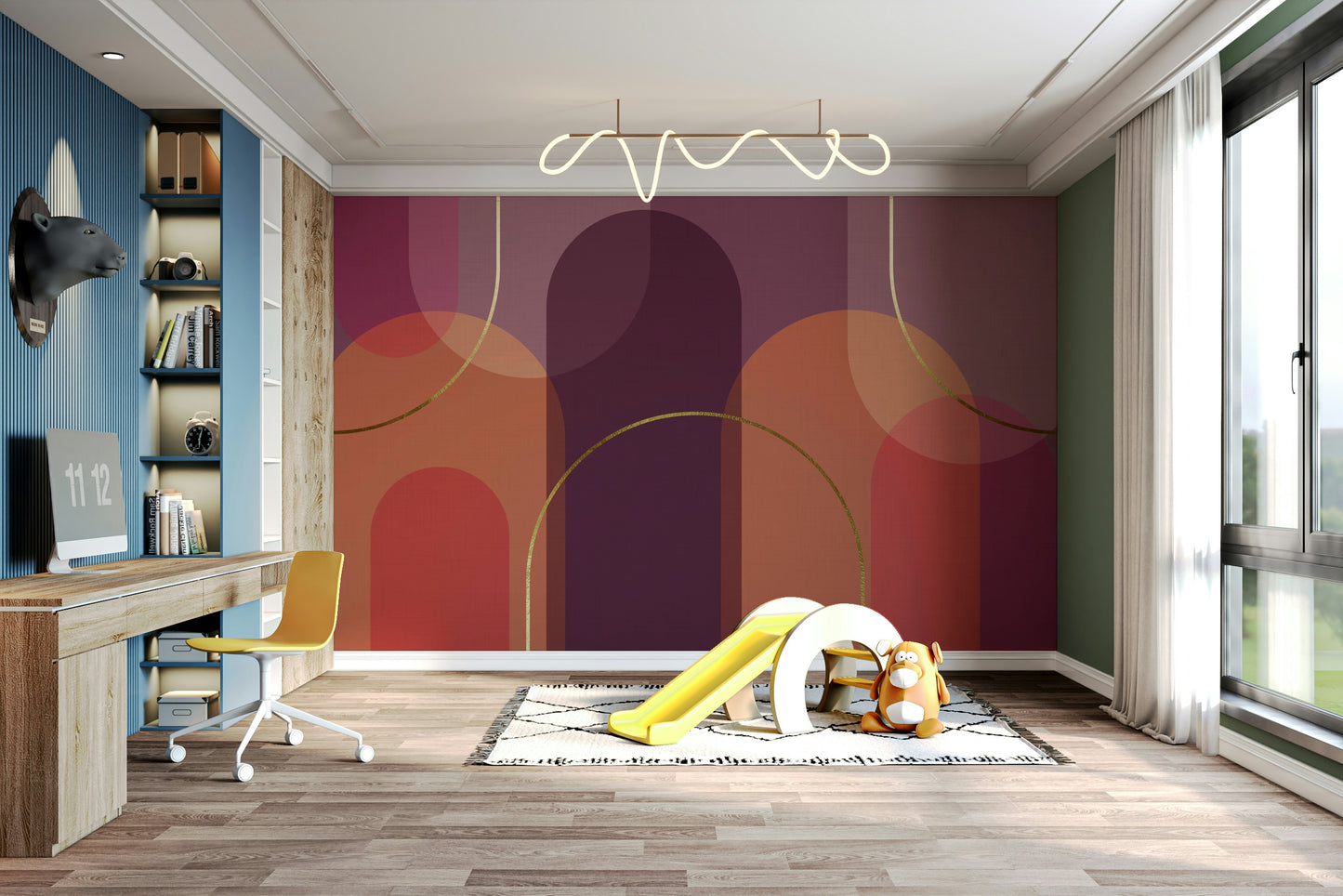 An angled shot of a wall with abstract, wavy wallpaper

