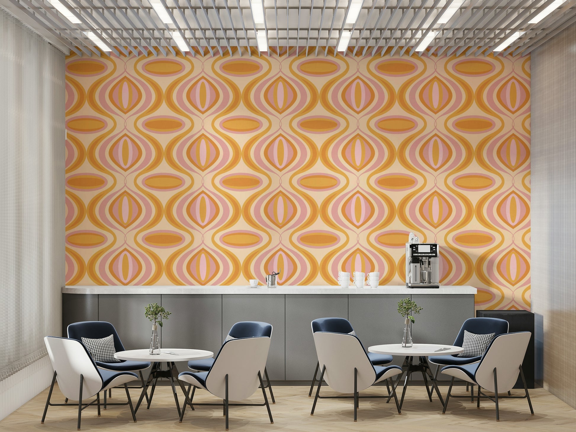 A bedroom decorated with an orange and pink wiggly mural

