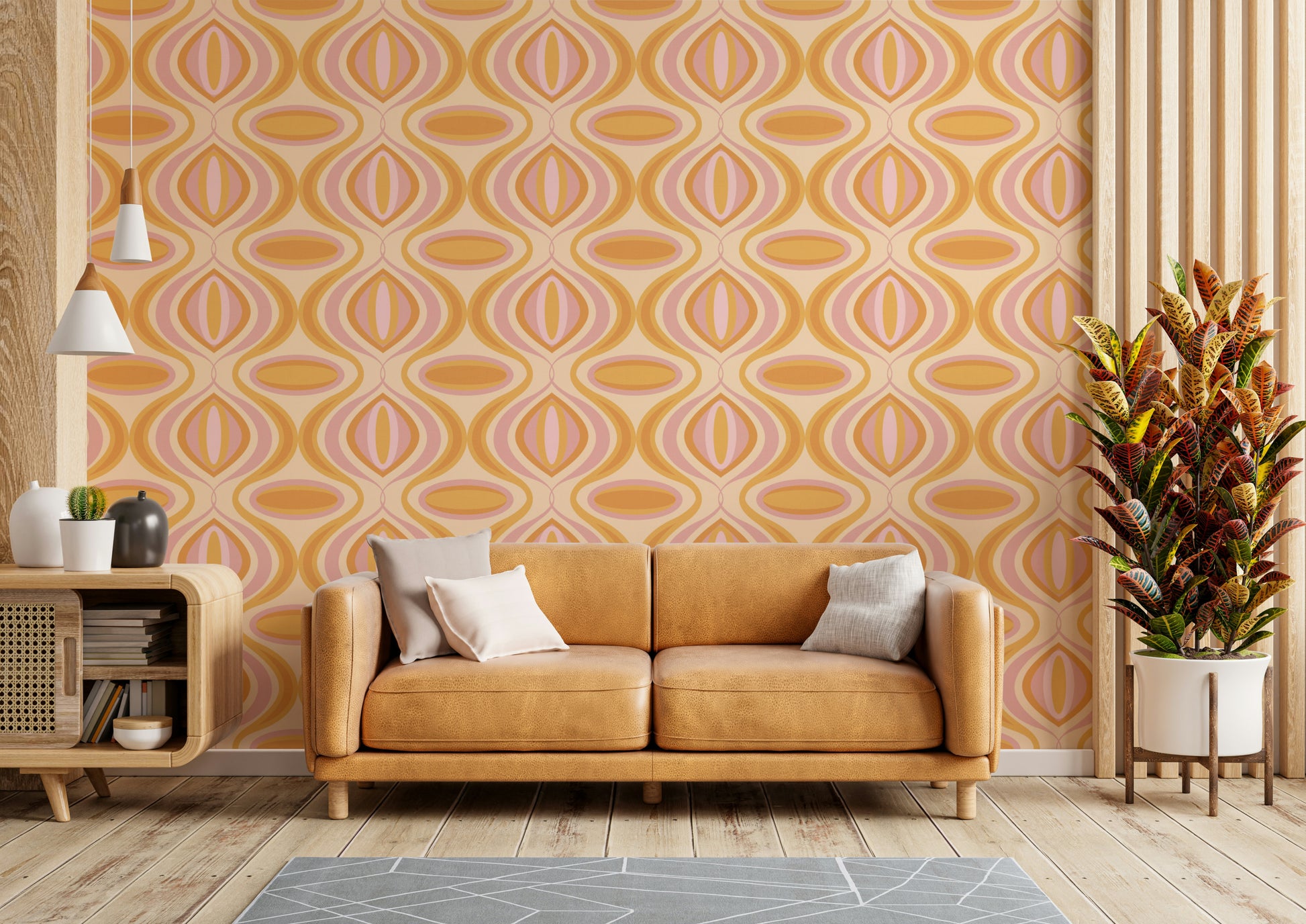 70s Wiggly Orange and Pink Wallpaper on a living room wall

