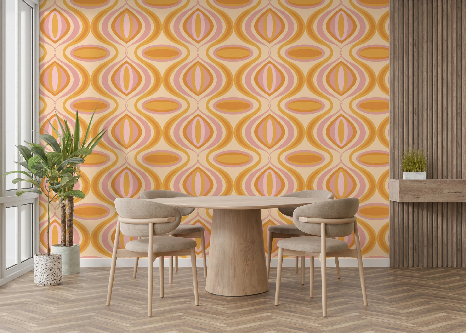 An angled shot of a wall with abstract, wavy wallpaper

