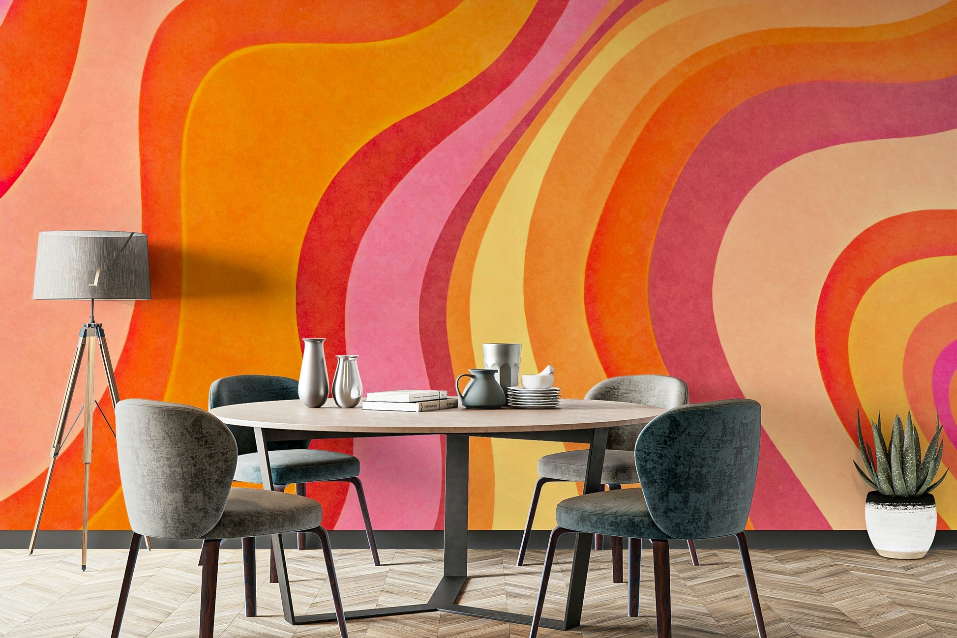 An interior with a cheerful and energetic accent wall


