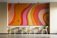 Retro Groovy Wavy Watercolor Summer Colors Wall Mural in a living room

