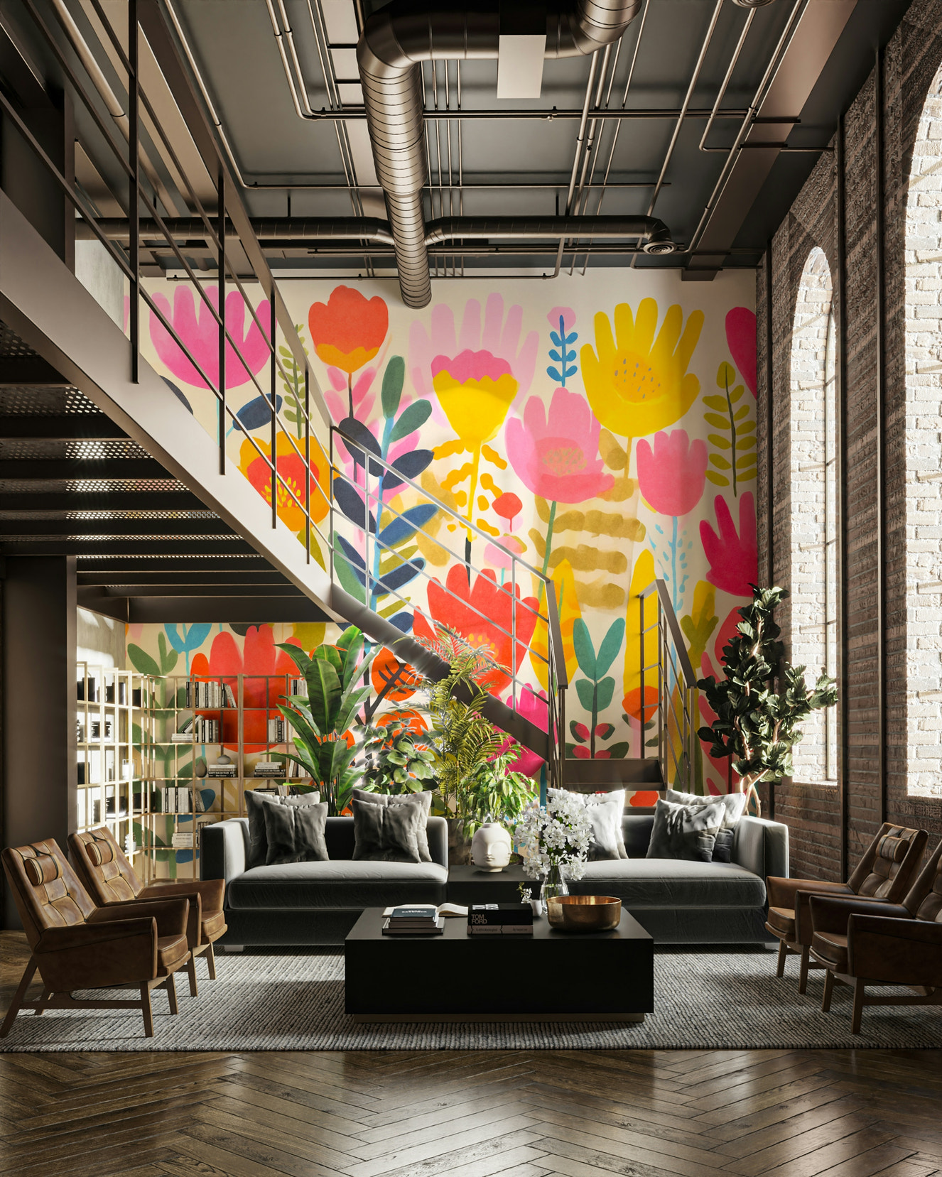 Groovy Summer Flower Meadow Wall Mural in a living room

