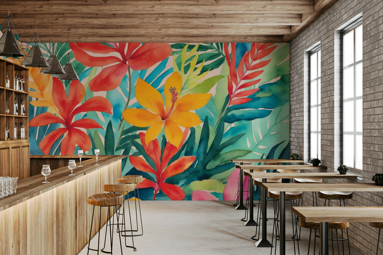 Colorful Tropical Escape wall mural on a living room wall

