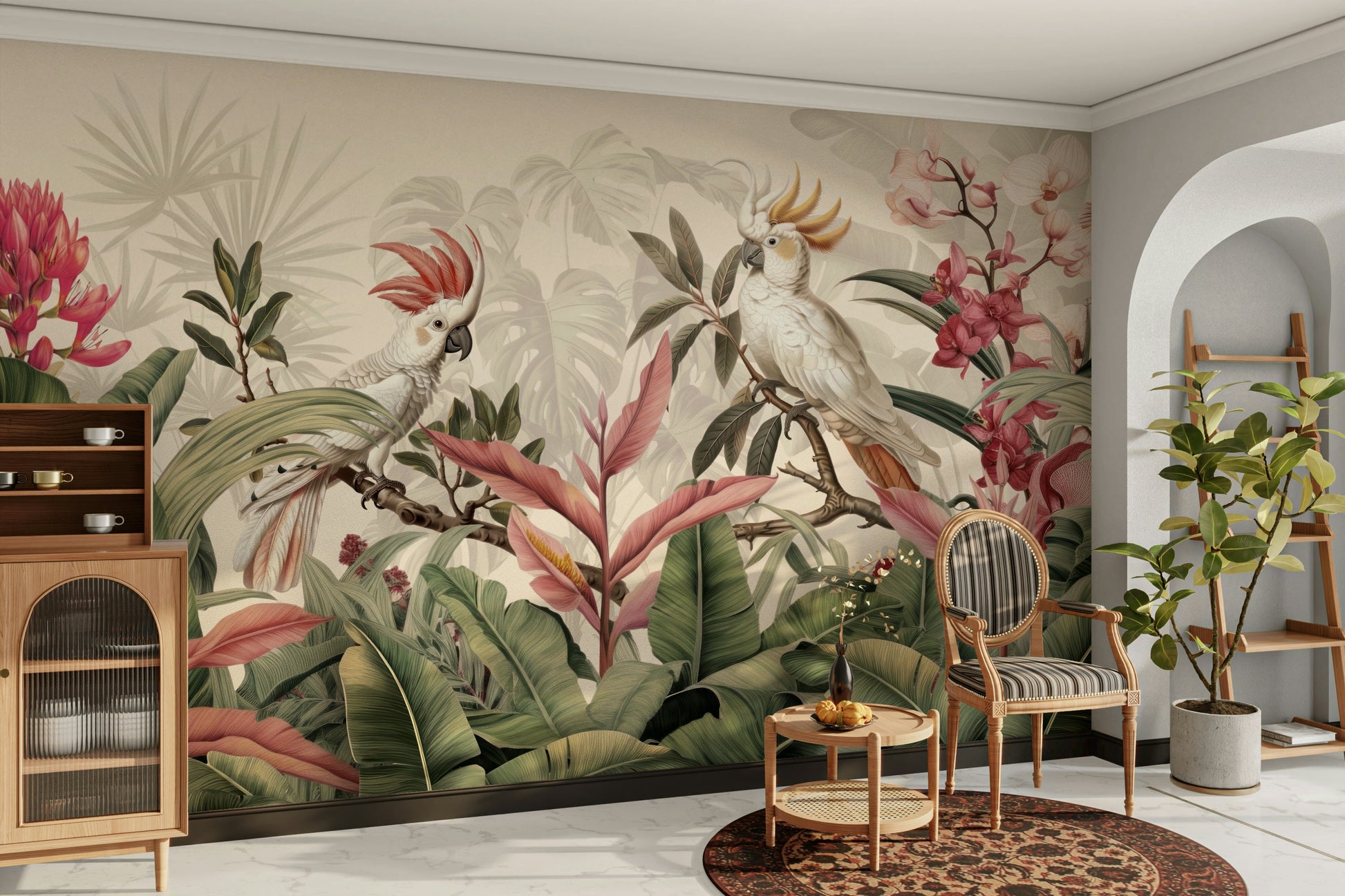 A dining room with a unique tropical bird design

