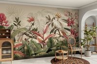 A dining room with a unique tropical bird design

