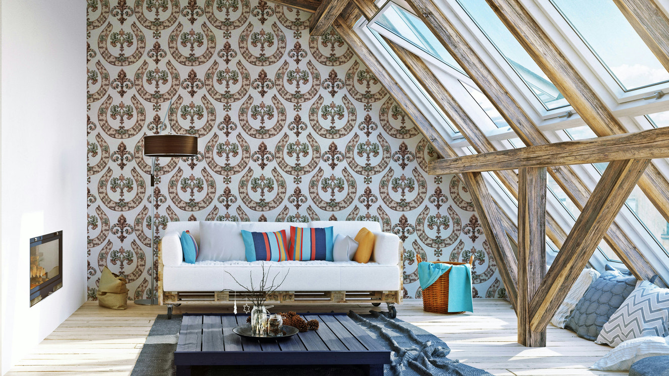 Decorative swirl horseshoe equestrian vintage victorian peach green wallpaper on a living room wall

