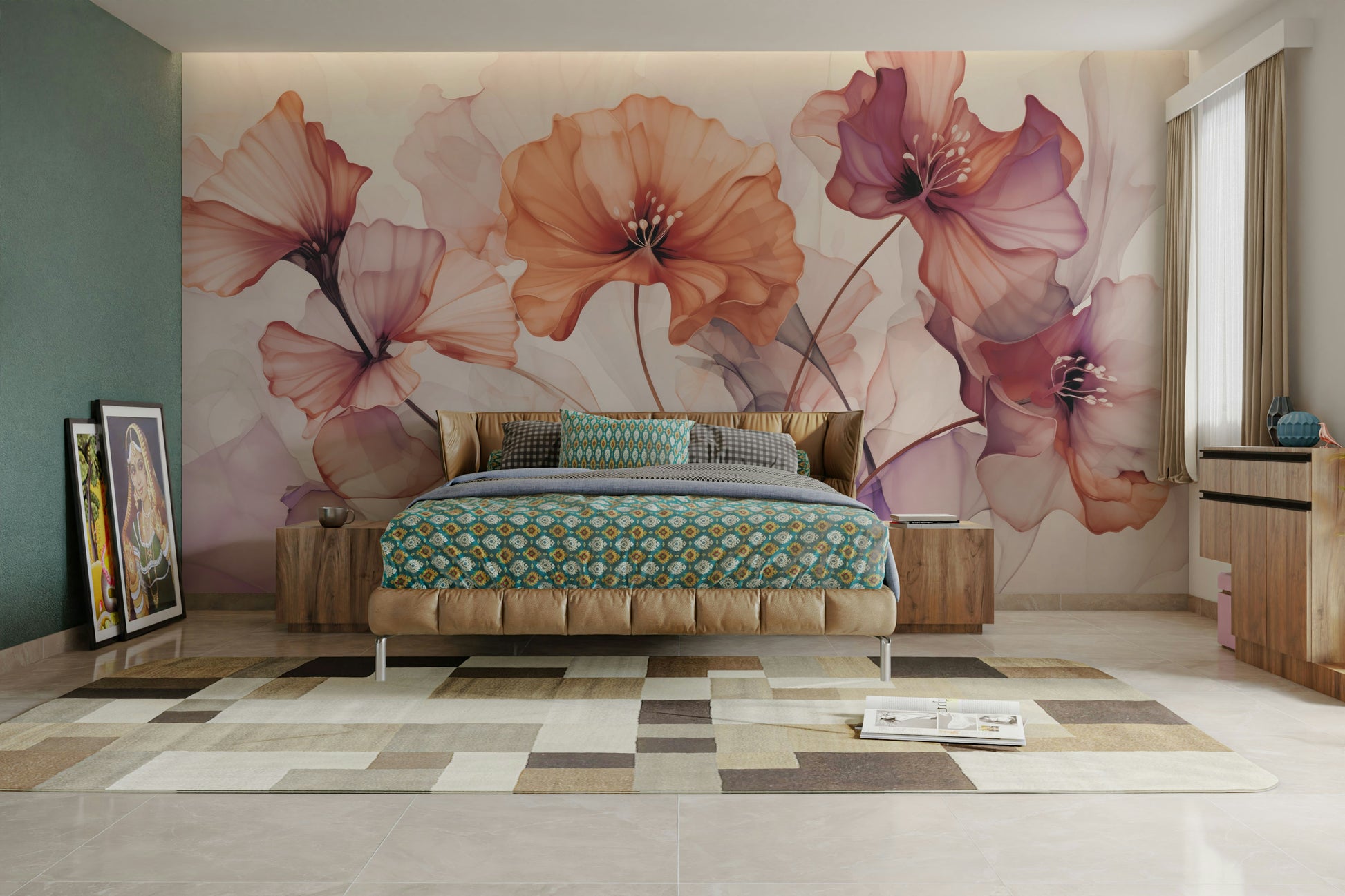 An angled shot of a wall with flower wallpaper

