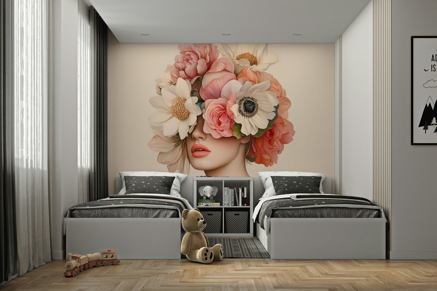 Wallpaper with a vibrant floral mural design

